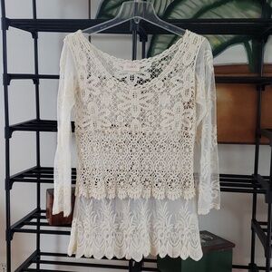 Crystal K Sheer Crochet Lace Top 7/8 Sleeve Ecru, Size M